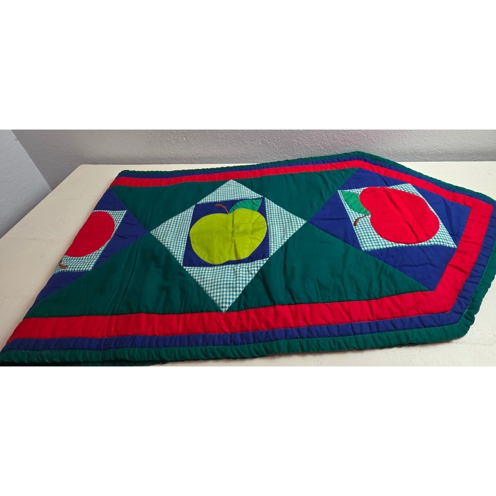 Vintage Handmade Quilted Table Runner Apple Patchwork Gingham Green Red Blue